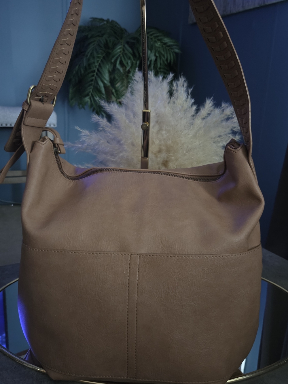 Calin Collection Soft Taupe Hobo Bag | Woven Strap Slouchy Shoulder Purse